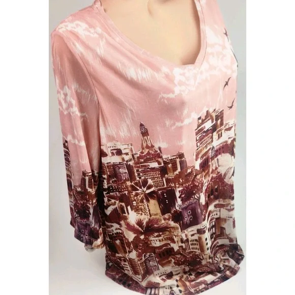 Catherines Womens Blouse Vneck Cityscape Print Bohemian Lined Boho Size 1X - Picture 2 of 8